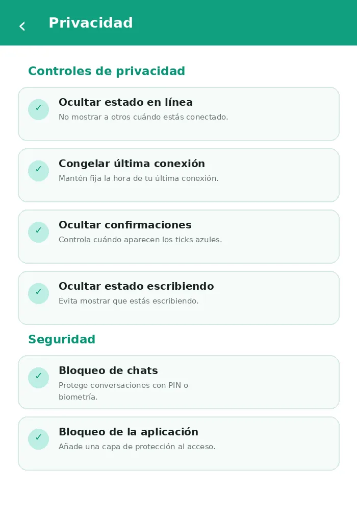 Pantalla de privacidad de WhatsApp Plus