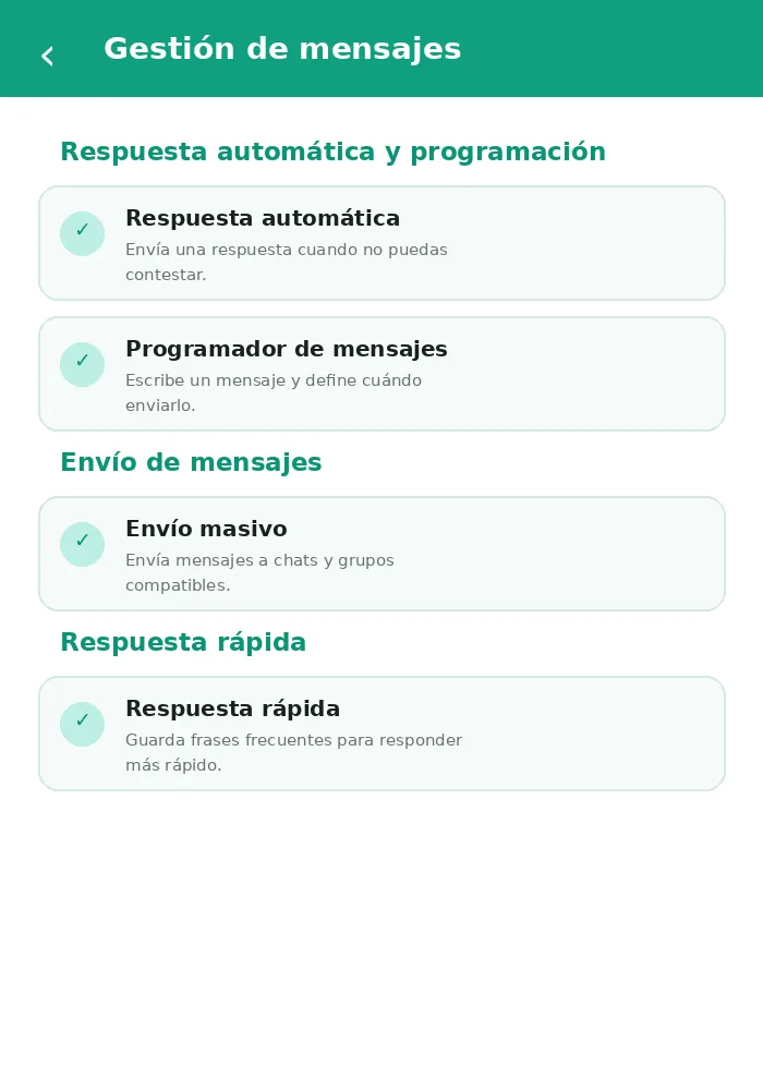 Pantalla de configuración de WhatsApp Plus